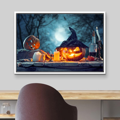 Moody Gothic " Witch Hat Pumpkin Forest Holiday Halloween Moody Dark Illustrations Modern Art Work Decor "
