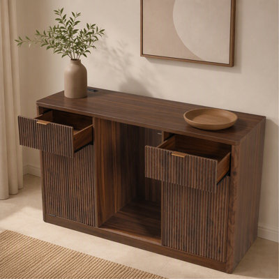 2-Piece Coffee Bar Cabinet with Fridge Space & Tilt-Out Trash Cabinet, Mini Fridge Wine Cabinet with Storage/Charging Station, Fluted Buffet Sideboard