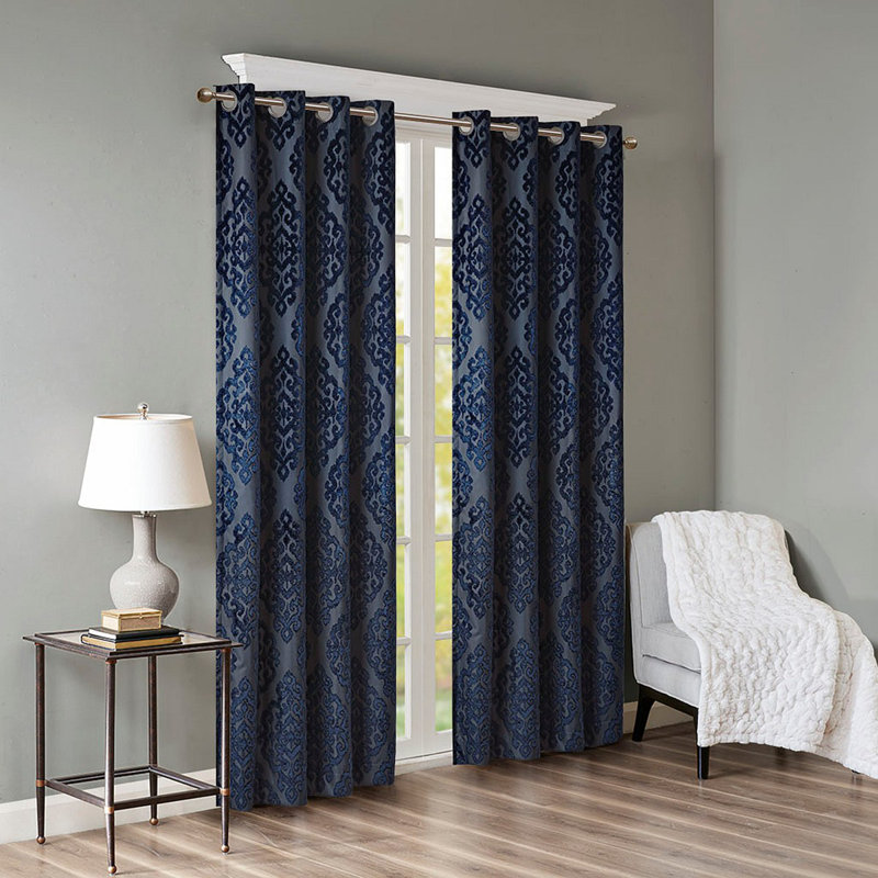 Knitted Jacquard Damask Total Blackout Grommet Top Curtain Panel(Only 1 Pc Panel), 50" W x 84" L, Navy