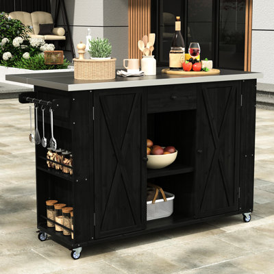 Outdoor Kitchen Island - Fir Wood & Stainless Steel Ample Storage, Towel Rack, Spice Built-In Bottle Opener, Mobility Advantage Offered Black Solid Wood, Feature Presented And Hardy Build