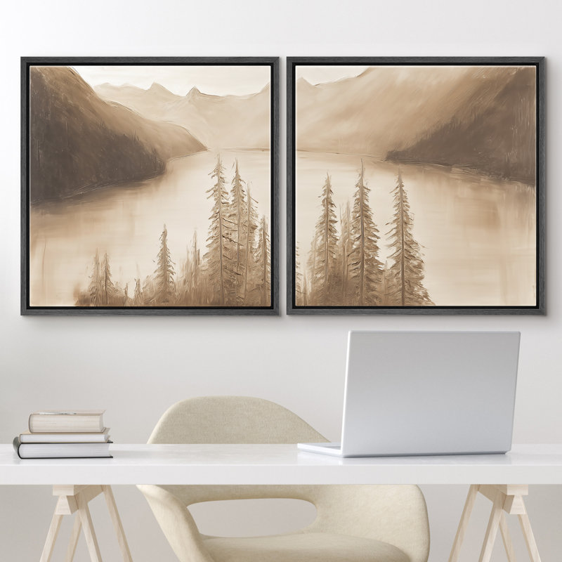 «Sepia Mountain Lake Pine Forest Landscape», reproduction d'art encadrée de la chambre principale, 2 pièces