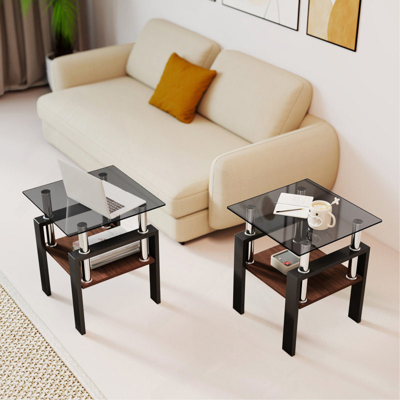 Ensemble de 2 tables à thé modernes en verre trempé, plateau en verre trempé avec panneau de fibres à densité moyenne, table basse, table de bout, table carrée pour le salon