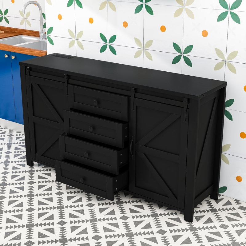 Farmhouse Sideboard with Sliding Barn Doors, 4 Drawers and Power Outlet for Living Room, Black