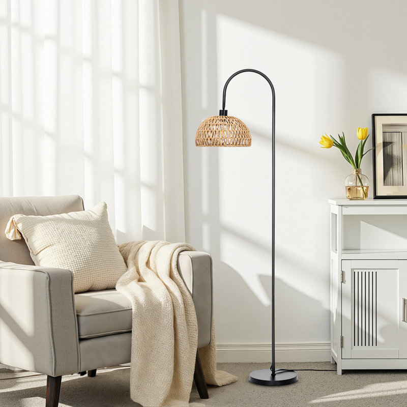 Aarzo 62" Arched/Arc Rattan Floor Lamp, Matte Black
