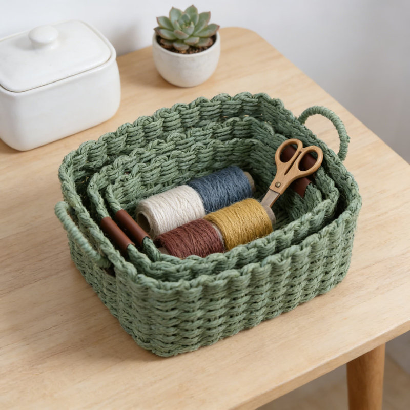 Handwoven Storage Baskets Set Of 3, Eco-Friendly Recycled Paper Rope Organizer Bins With Vegan Leather Trim For Shelves, Bathroom, Desk, And Home Decor