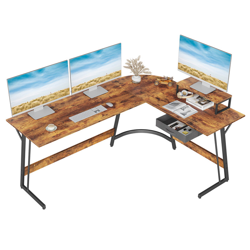 VillaGrove L-Shaped Metal Base Computer Desk, Rustic Brown/Black