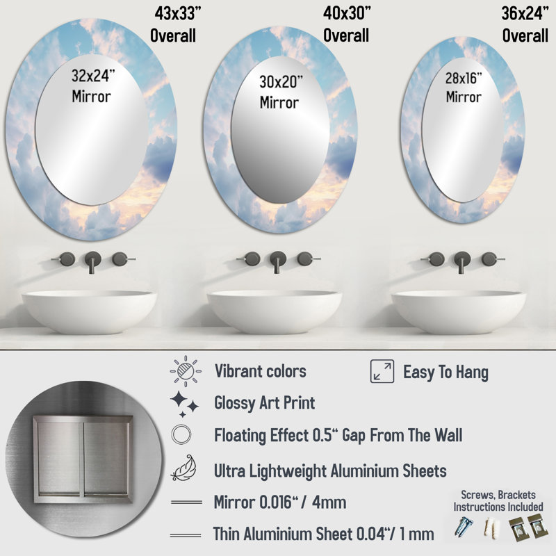 Miroir décoratif ovale sur métal White Sky Pure Elegance I, 43 po x 33 po
