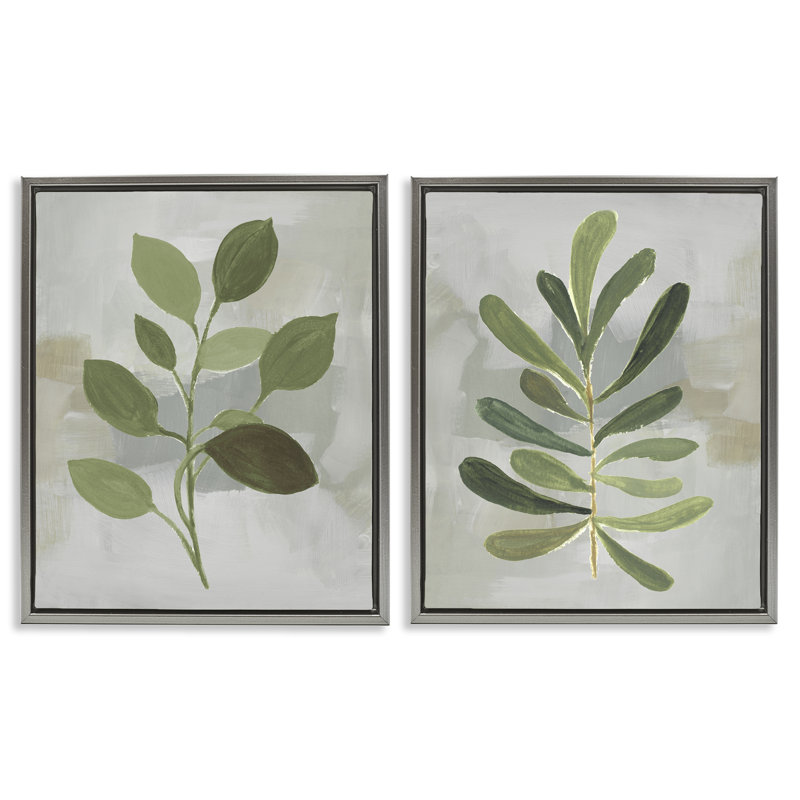 Green Leaf Branches on Grey 2pc Floating Frame Set, design by Lanie Loreth, Lustre Grey Floater Frame, 21" H x 17" W