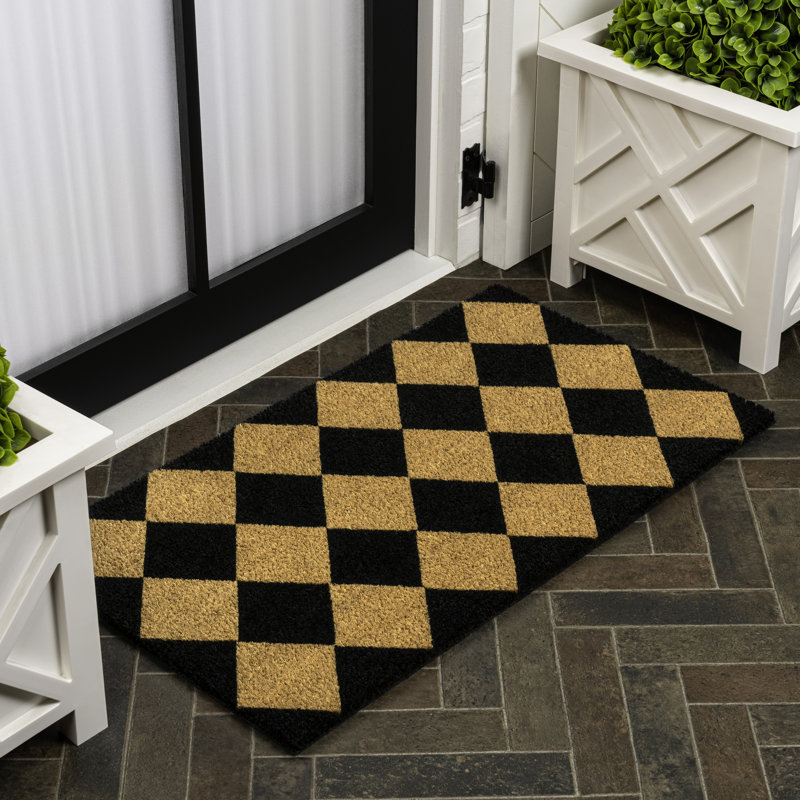 Paige Modern Classic Diamond-Patterned Coir Natural/Black Indoor/Outdoor Doormat, 24" W x 48" L