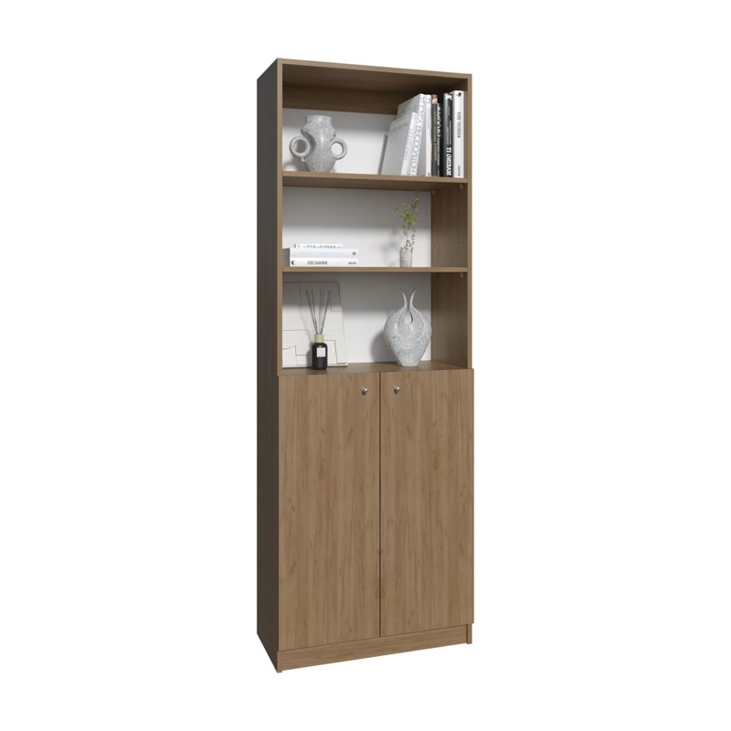 2-Door Bookcase With Upper Shelves, Natural Wood