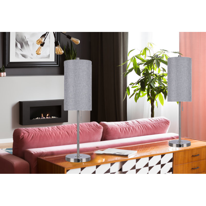 Kelci 32" Metal Buffet Table Lamp Set with USB, Brushed Nickel, Blue Gray