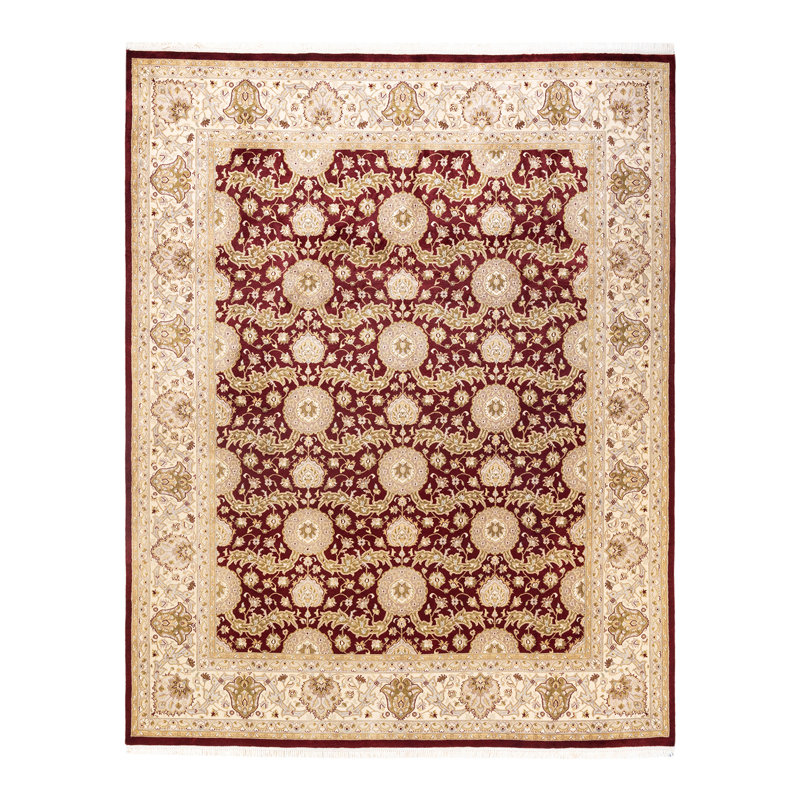 Tapis unique en laine noué à la main 8 pi x 10 pi 1 po nouvel âge Hayner - rouge / ivoire / jaune