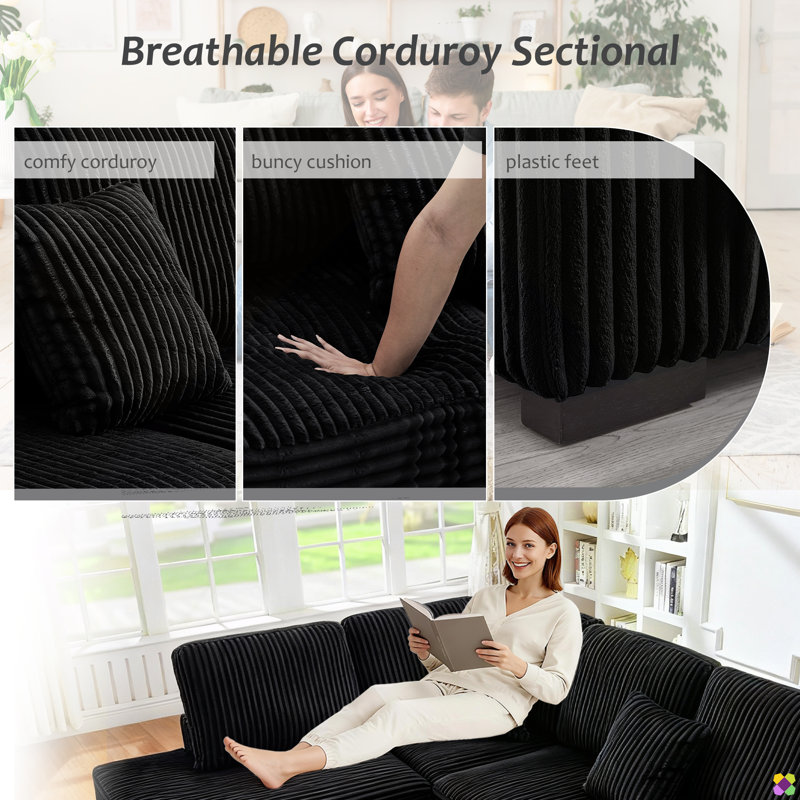 Gus 93"W LAF RAF Corduroy Sectioanl, 3 Seater, 1 Ottoman, Black Corduroy