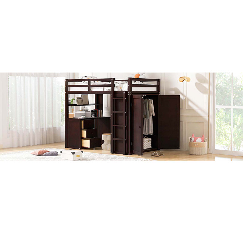 Loft Bed with Drawers,Desk,and Wardrobe, Lit simple, Espresso