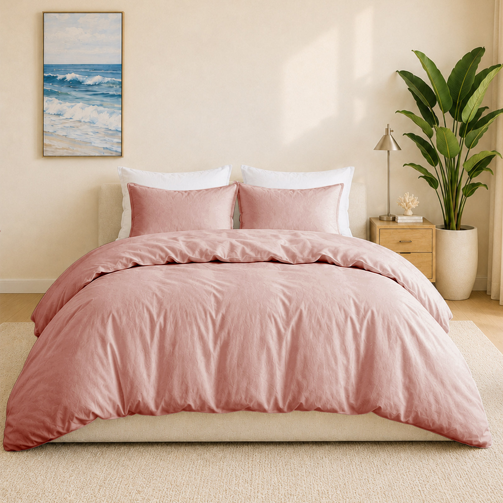 Boseman 100% Linen Duvet Reversible Duvet Cover Set, King Duvet Cover + 2 King Pillowcases, Pink