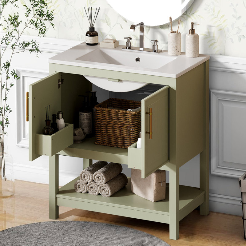 30" Bathroom Vanity With Ceramic Sink And Versatile Storage, Green