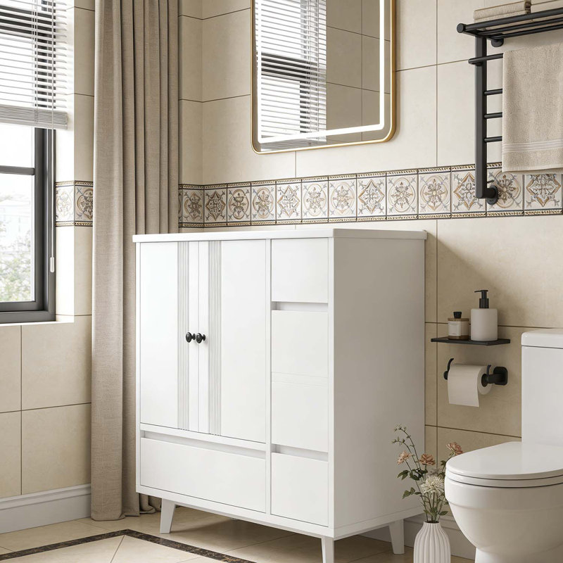 Meuble-lavabo 36 po avec lavabo 36 po, 4 tiroirs et support de rangement latéral, Blanc clair