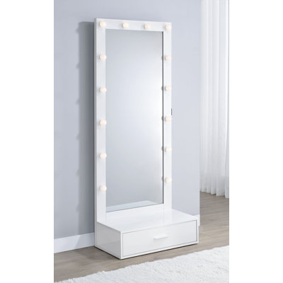Spector 1-drawer Lighted Full-Length Floor Mirror White High Gloss