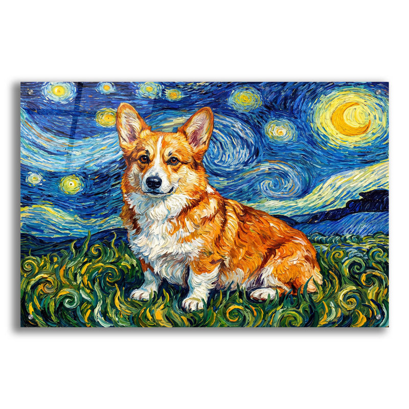 «Pembroke Welsh Corgi Starry Night» par Rich Monet, art mural en verre acrylique, 36 po x 24 po, 36 po x 24 po