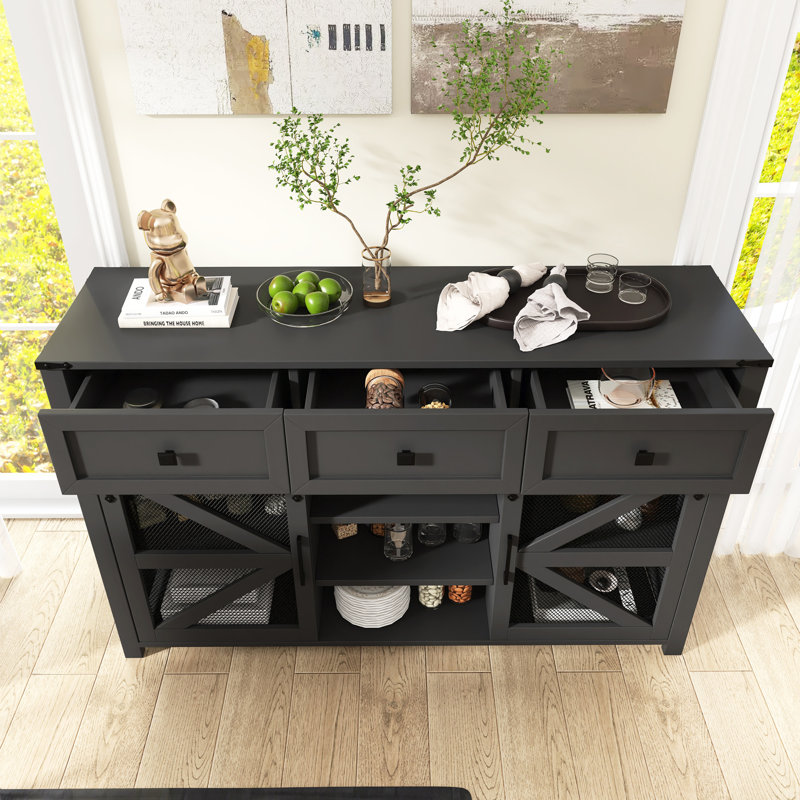 Buffet moderne de 55 po avec tablettes réglables et 3 tiroirs, Noir