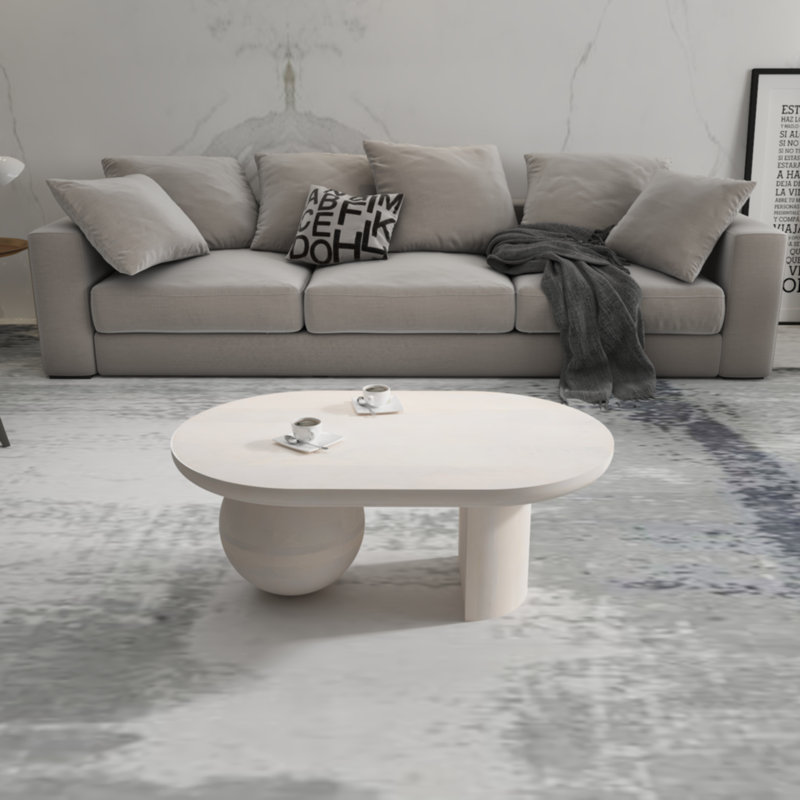 Janaan 38 Inch Coffee Table, Oblong Mango Wood Top with a Modern Ball Leg, White