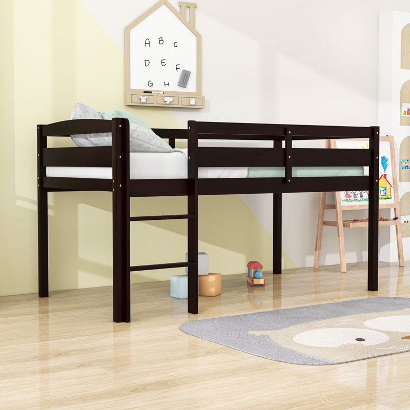 Lit mezzanine simple en bois avec échelle et garde-corps Saftey, Espresso