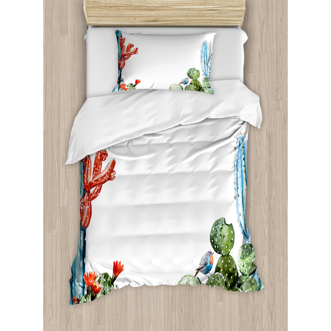 Cactus Spikes Flowers with Birds Cartoon Vintage Like Artwork Duvet Cover Set Ambesonne 
