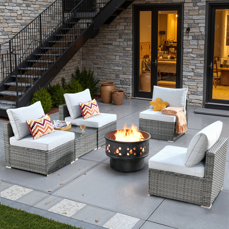 Paleosofos Wicker 4 - Person Modular Patio Conversation Set with Cushions, Orange Red