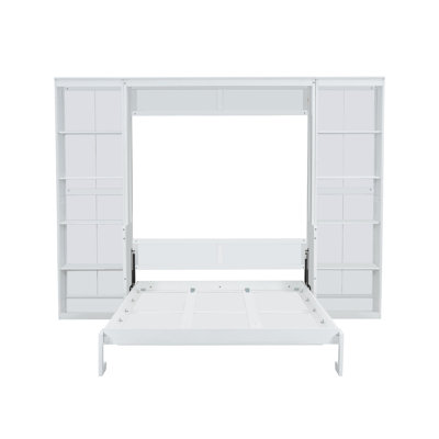 White Solid Pine Murphy Bed with Foldable Desk and Bookshelf Storage, Space-Saving Wall Bed Cabinet with Wood Slat Support for Home Office or Guest Room