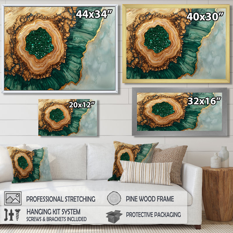 Abstrait émeraude et glissade sur bois rivière II - cristaux, art mural, H 34 po x l 44 po, Impression encadrée flottante