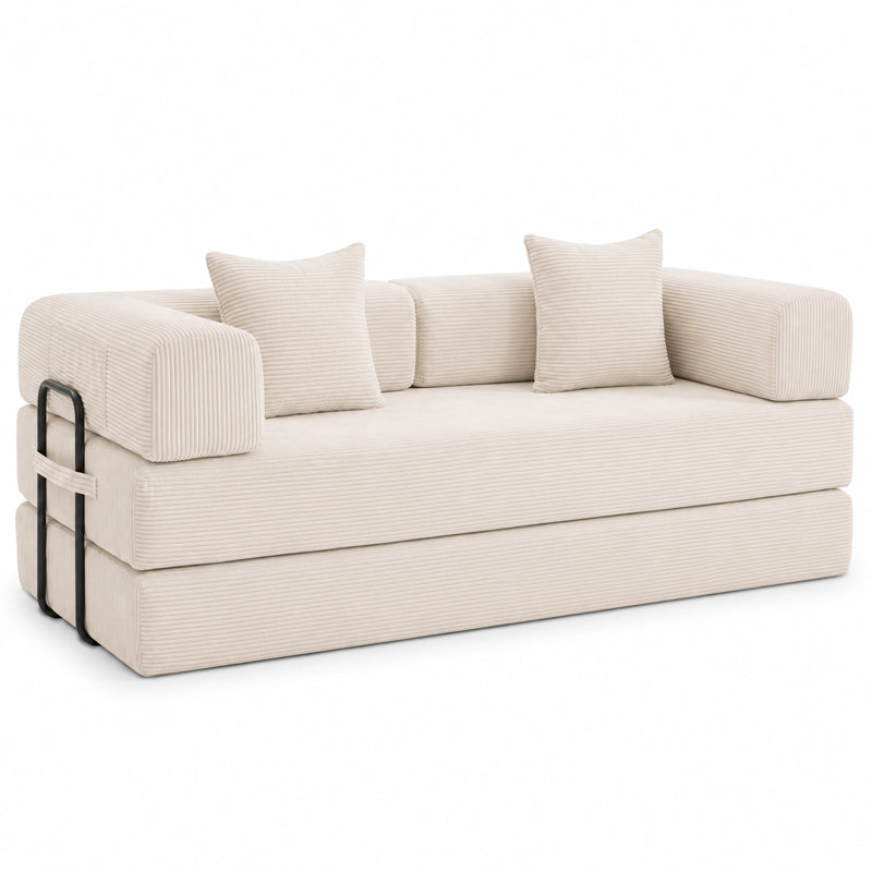 Canapé-lit en velours côtelé de 78,8 po de largeur avec rangement latéral et 2 coussins Morden, Orange