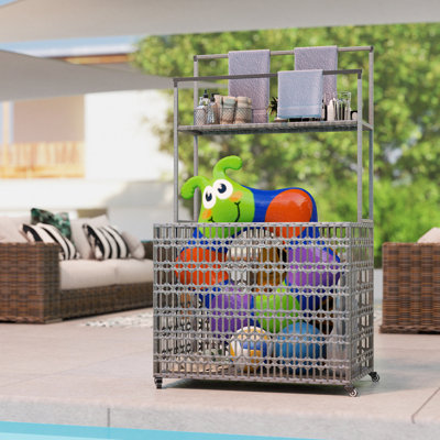 Wicker Pool Float Storage Organizer, PE Rattan Pool Float Holder with Basket Shelf Towel Bars, Rolling Pool Caddy for Floaties, Noodles, Life Vests, Beach Balls, Brown