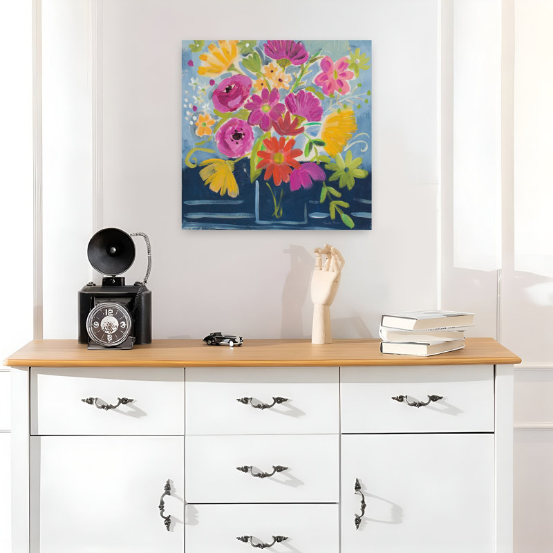 Art contemporain contemporain floral avec bouquets bleus, H 18 po x l 18 po
