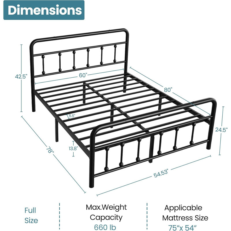 Classic Full Size Metal Platform Bed Frame Mattress Foundation, Heavy Duty, Under Bed Storage, No Box Spring Required, Full