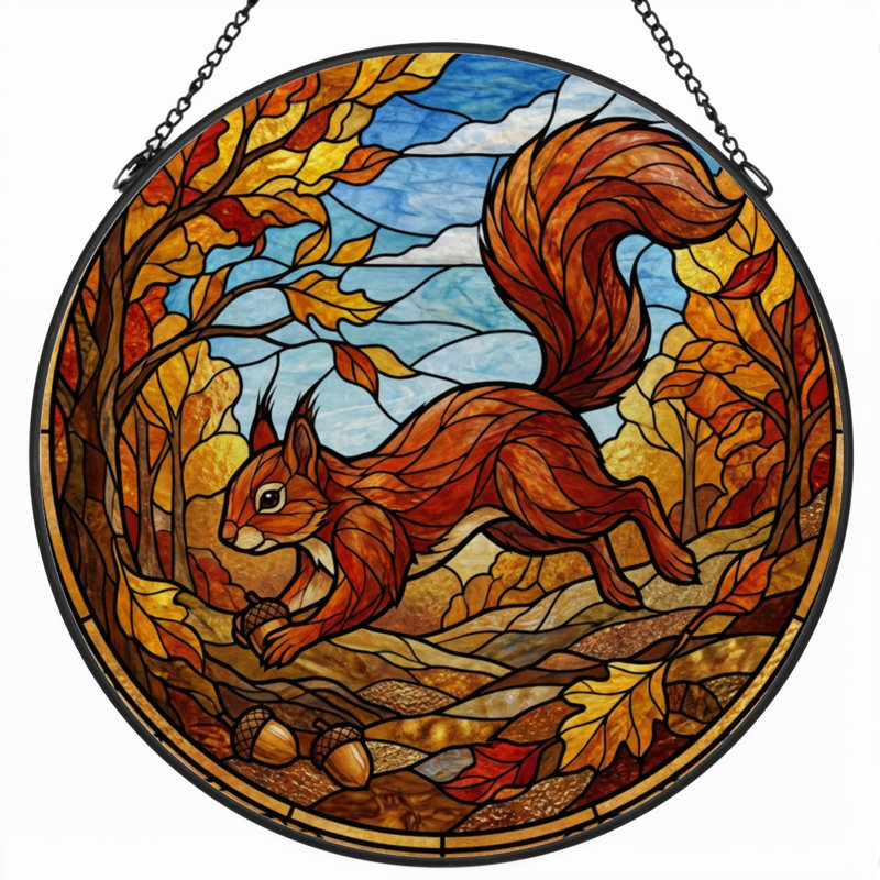 7.8"H Squirrel Autumn Stained Glass Window Panel, 7.8" H x 7.8" W