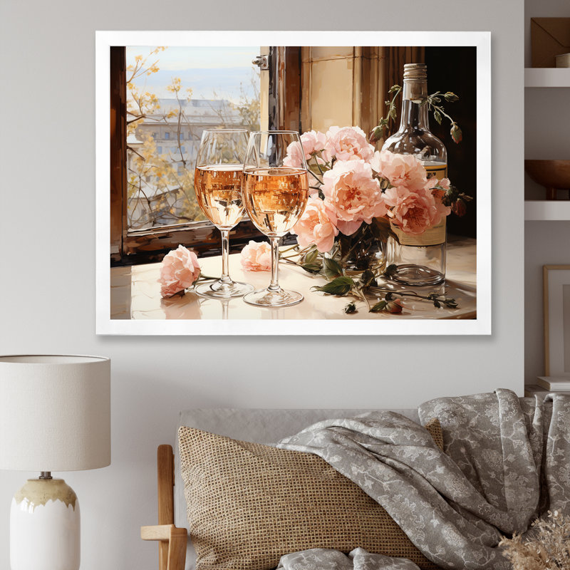 Moscato Peach A Fine Wine Blooms - Wine Wall Art, 24" H x 32" W x 1" D, White Closed Corner Framed