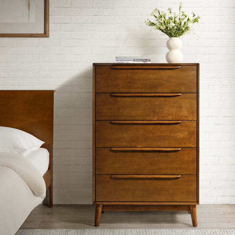 Aviannah Mid-Century Modern 5 - Drawer Dresser with Solid Wood Legs and Divided Drawer, Acorn