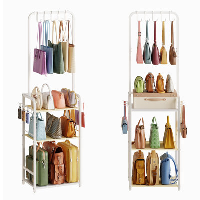 Organisateur de sac à main haut pour garde-robe avec 5 cintres et 6 crochets latéraux, support à 4 niveaux pour le rangement du sac à main, organisateur de sac à main étroit et de grande capacité, rangement pour sac à dos pour petite place
