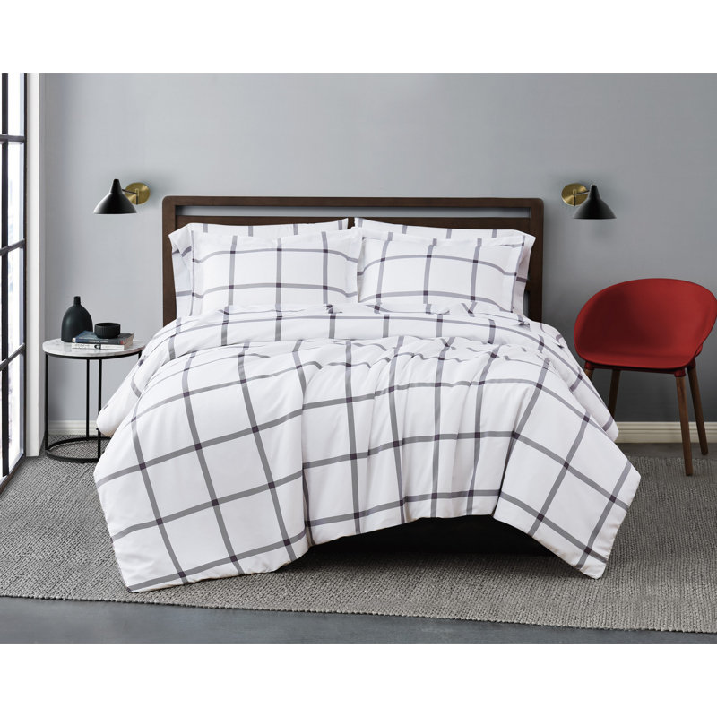 Truly Soft Printed Windowpane Polyester Ring Stitch Plaid Comforter, King Comforter + 2 Shams, White/Charcoal Gray