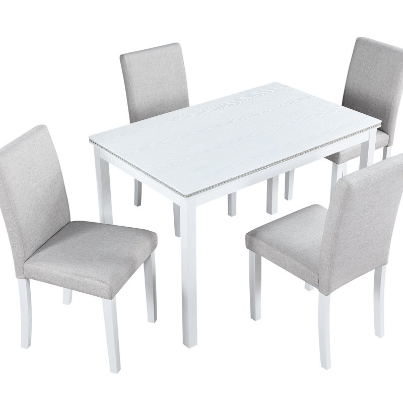 Ensemble de table de salle à manger 5 pièces en bois, ensemble de table de cuisine avec une table rectangulaire et 4 chaises rembourrées, ensemble de table de salle à manger en bois avec décoration en cristal