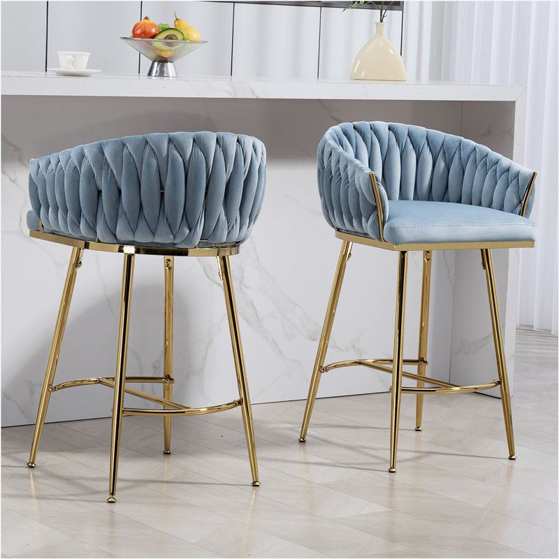 Ensemble de 2 tabourets de bar 26 po à hauteur de comptoir avec dossier ondulé à la main, base chromée dorée et repose-pieds (bleu)