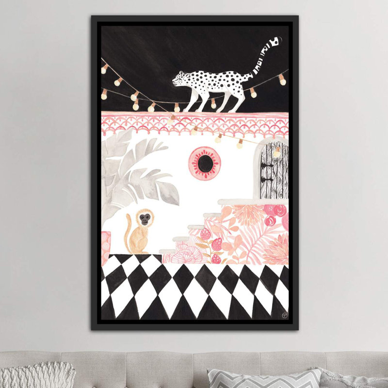 Art sur papier leopard et singe, Toile avec cadre noir patiné, H 40 po x l 26 po x P 1,5 po