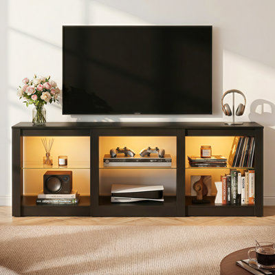 Meuble télé Kruszewski de 58,3 po de largeur pour téléviseur de 65 po ou moins avec éclairage DEL et rangement ouvert, centre de divertissement avec tablettes réglables en verre, console de télévision en bois pour le salon et la chambre à coucher