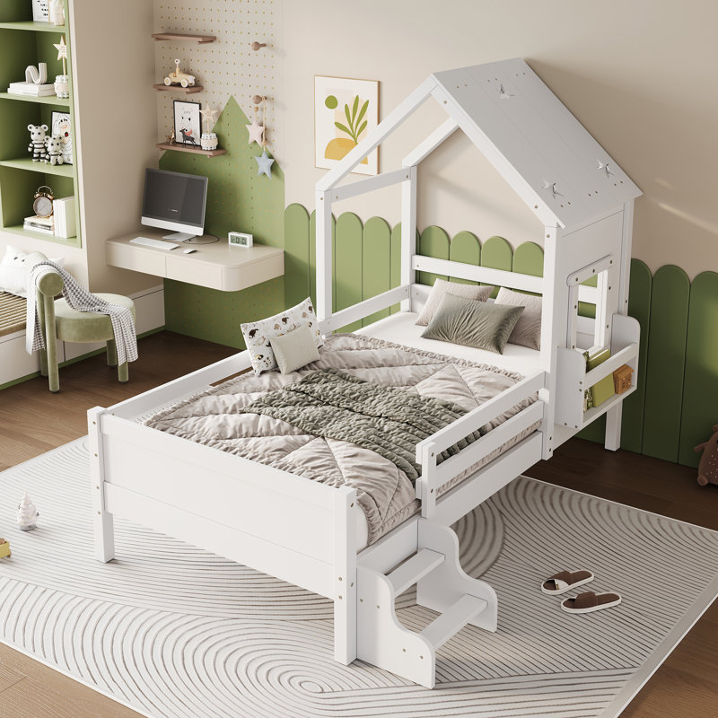 3FT Wood  Cabin Bed with Roof, Stairs, Bookcase and a Window  White