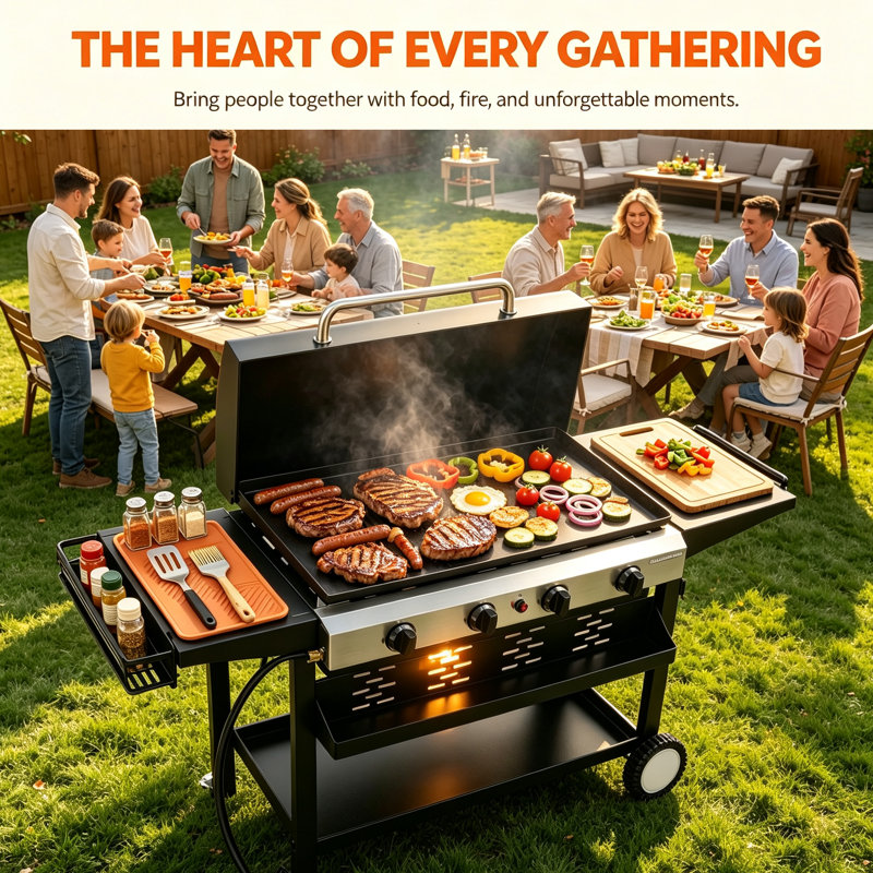 Barbecue au propane avec couvercle, roues et tables d'appoint pliables, 4 Burners
