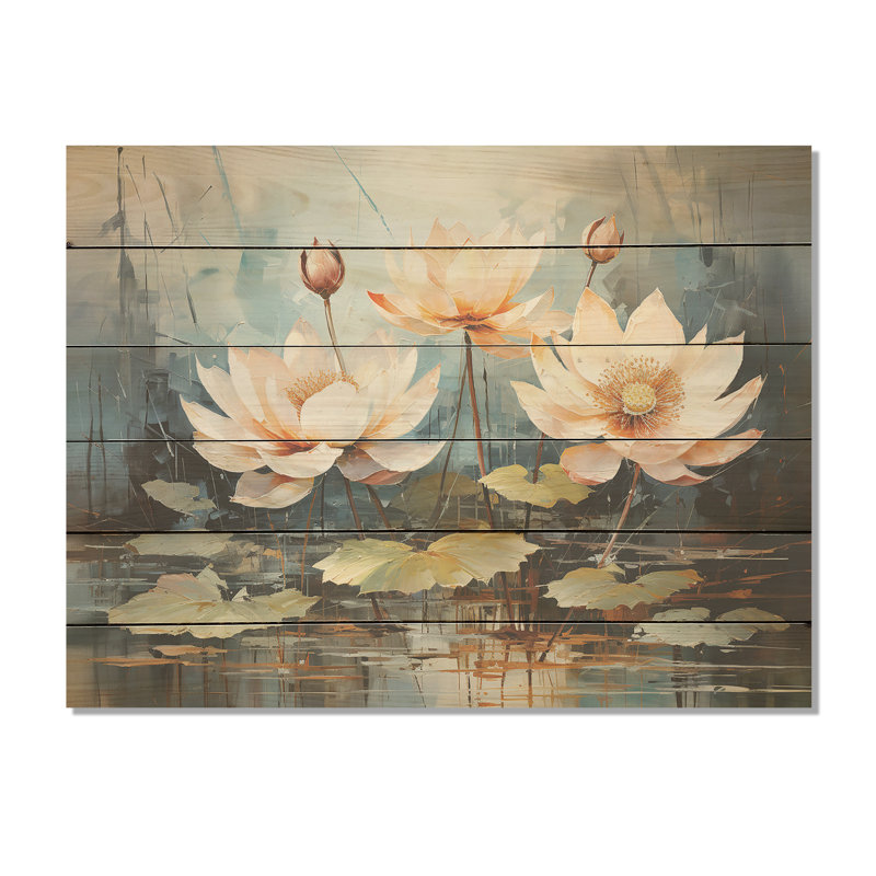 Fleurs de lotus en harmonie orageuse I - Art mural en bois de lotus sur bois de pin naturel, H 10 po x l 20 po