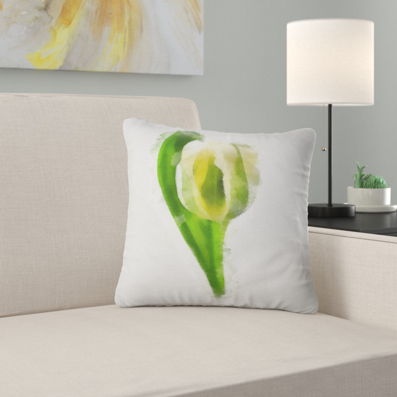 Tulipe blanche avec feuilles vertes - coussin à imprimé floral, 16 po x 1 po, Coussin décoratif
