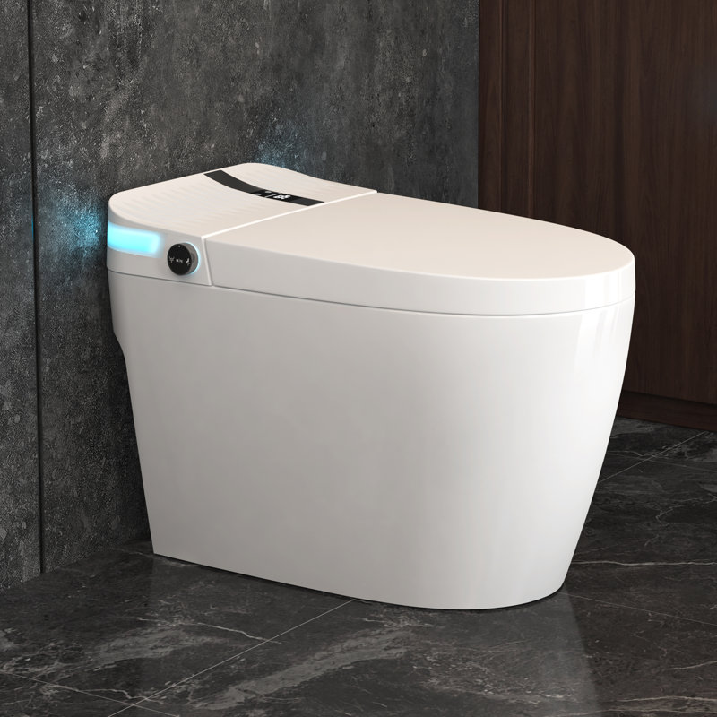 Toilette intelligente allongée sans réservoir avec lavage de bidet, siège chauffant, chasse d'eau puissante de 1,28 gallon par chasse, séchoir à air chaud, chasse d'eau à capteur de pied et veilleuse (télécommande incluse)