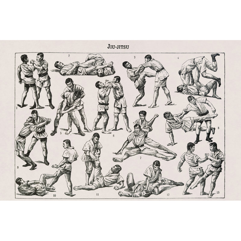 Illustration du 19e siècle sur le jiu-jite - impression sur toile tendue, H 24 po x l 36 po