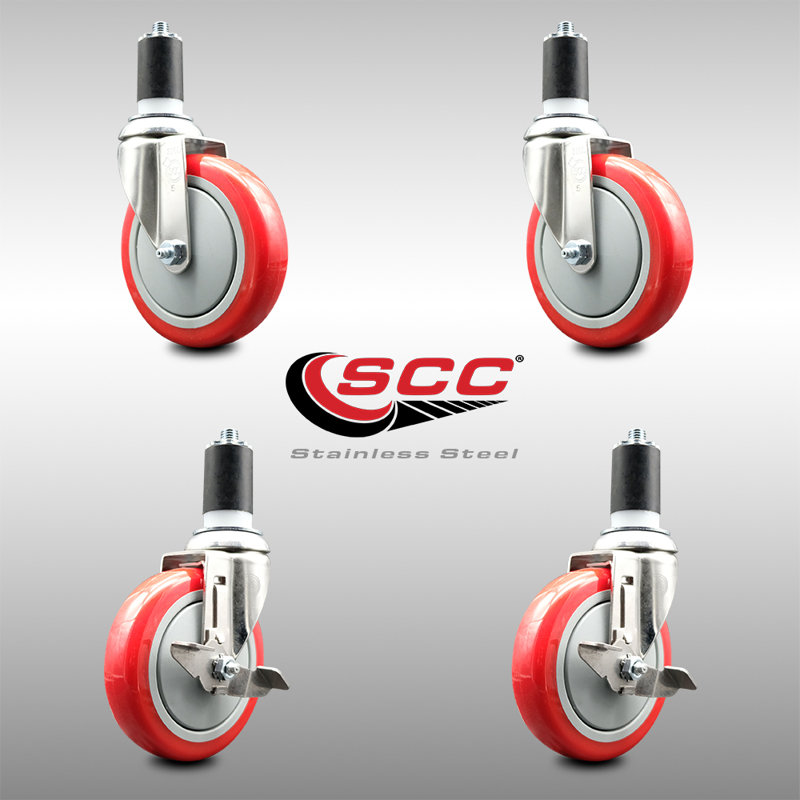 5 Inch 316SS Red Poly Swivel 1-5/8 Inch Expanding Stem Caster Set 2 Brake SCC